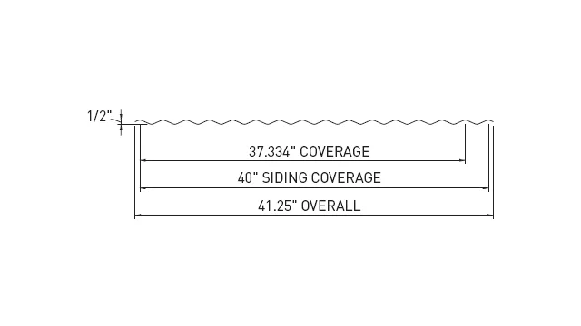 AMP 2.67 x 1/2 corrugated profile drawing: 37.334-inch roof coverage, 40-inch siding coverage, 41.25 inches overall