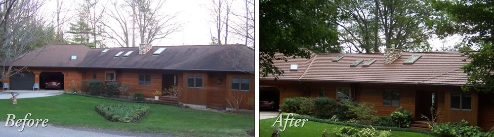 Before and after: a house re-roofed from asphalt shingles to metal panels
