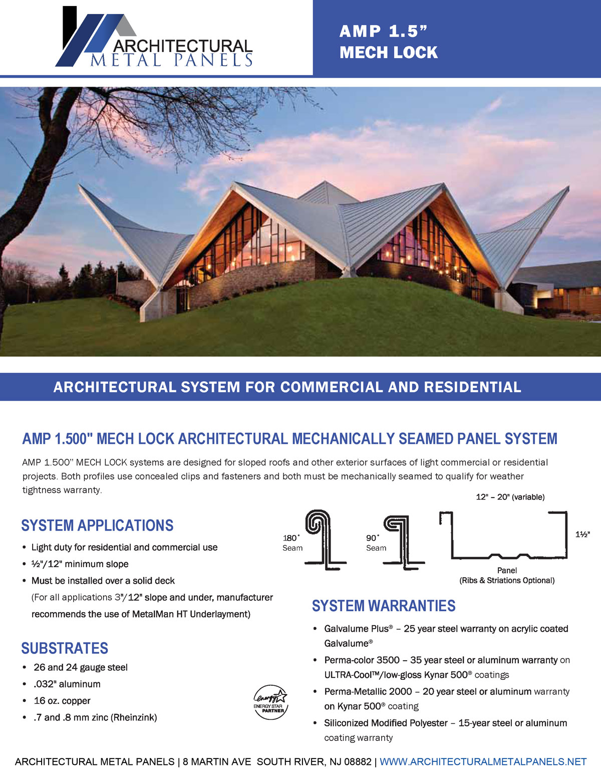 AMP 1.5-inch mechanical lock standing seam panel data sheet