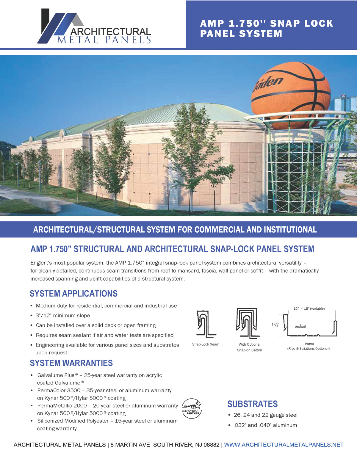 AMP 1.75-inch snap-lock standing seam panel data sheet